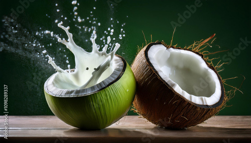 green coconut with milk spash