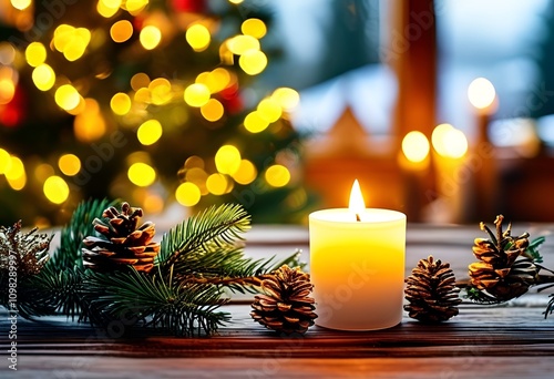 New Year's banner, a burning candle among Christmas tree branches with pine cones, a New Year's tree in the background