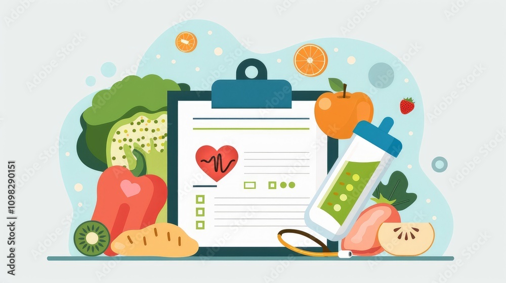 Naklejka premium Nutrition Planning with Fresh Fruits and Vegetables