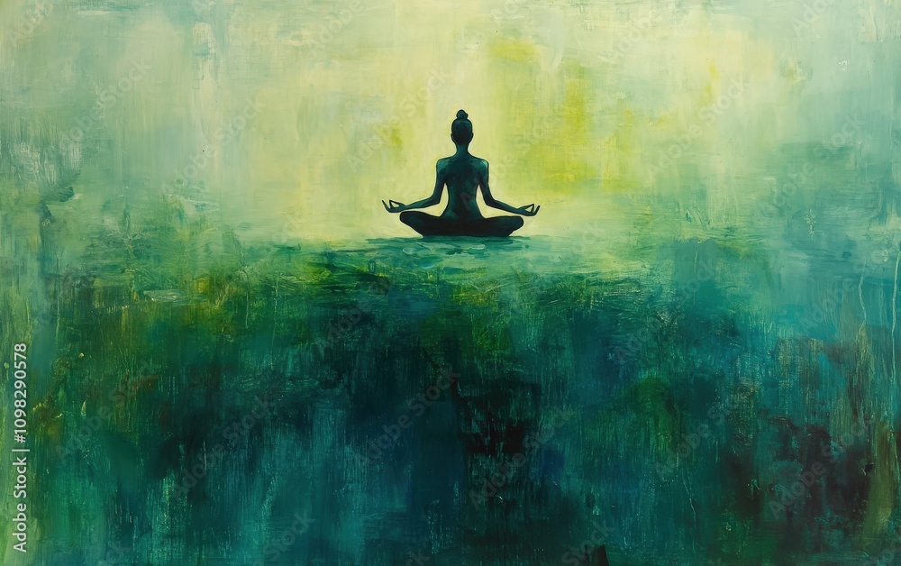 Fototapeta premium A serene figure meditating in a tranquil, abstract environment of soothing colors.