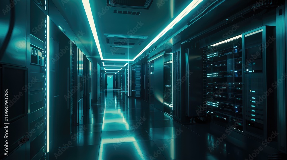 Obraz premium Modern High-Tech Server Room with Neon Lighting