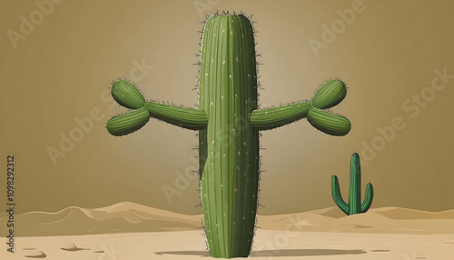 Cartoon cactus in a desert landscape. photo