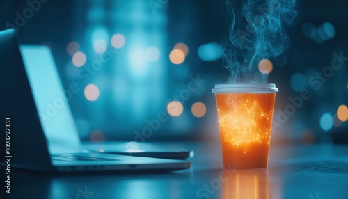 A steaming cup of coffee beside a laptop in a cozy, illuminated workspace. photo