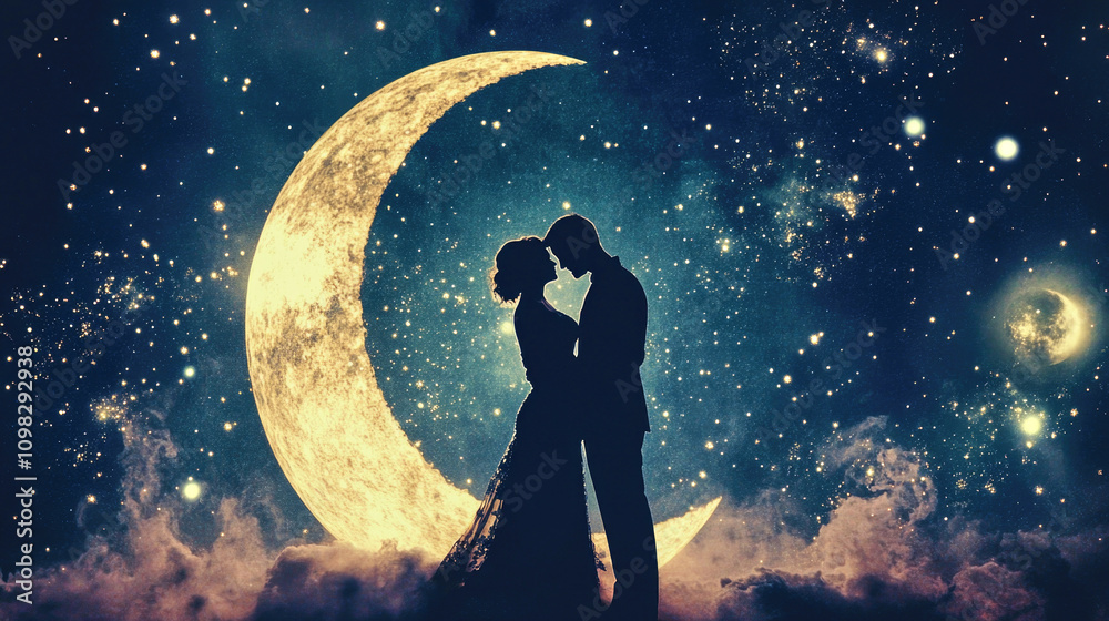 Obraz premium Silhouette of a couple under a glowing crescent moon filled with cosmic light and stardust