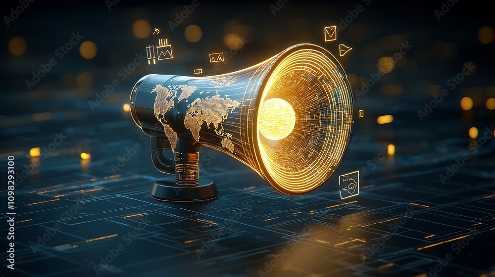 Illuminated futuristic megaphone with a glowing world map design ...
