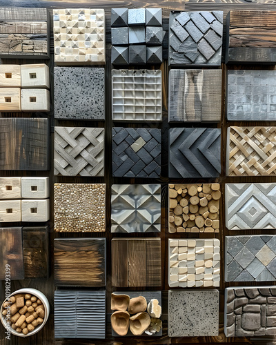 Collection of various textured surface samples on a wooden board. photo