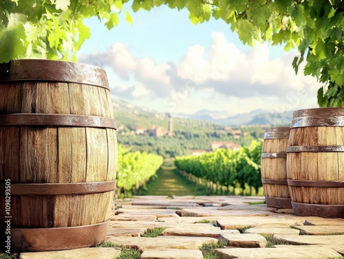 charming winery scene with rustic wooden barrels elegantly arranged against a scenic vineyard backdrop, encapsulating the art of winemaking in a picturesque and inviting setting photo