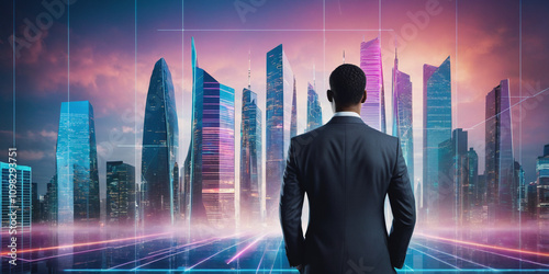Innovative business visionary evaluates future skyline urban setting digital art futuristic perspective technology and growth insights