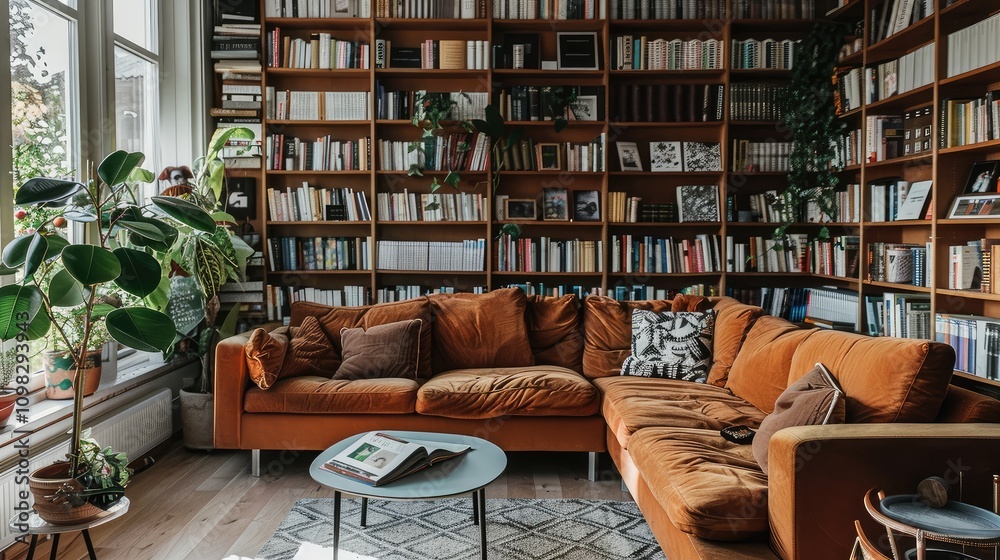 Obraz premium Cozy Home Library with Brown Sofa and Bookshelves