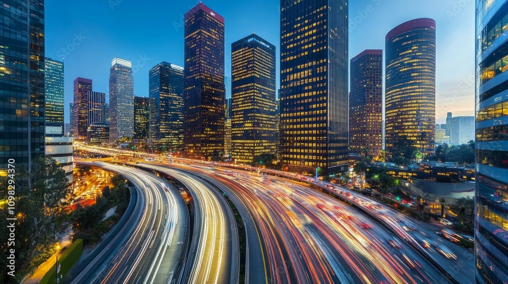 Fototapeta premium Night cityscape with highway traffic light trails.