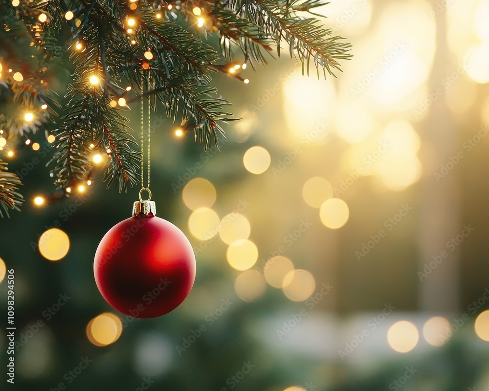 Fototapeta premium A vibrant red Christmas ornament hanging on a tree, glowing in soft, warm lights.