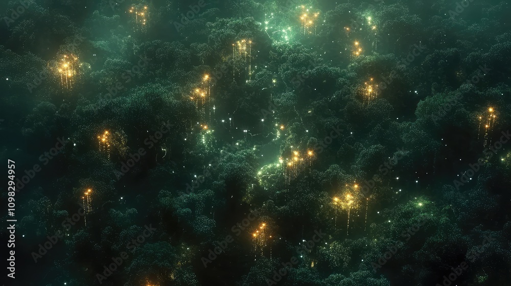 Fototapeta premium Dense jungle canopy seen from above, with tiny glowing data nodes marking various spots in the trees