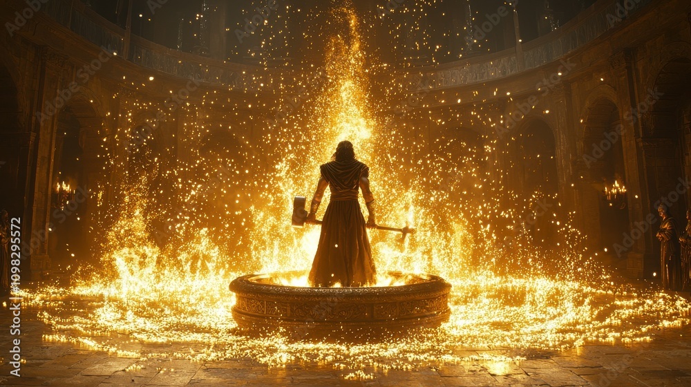 Obraz premium Epic battle scene of a warrior surrounded by flames in a majestic arena fantasy art dramatic atmosphere dynamic perspective