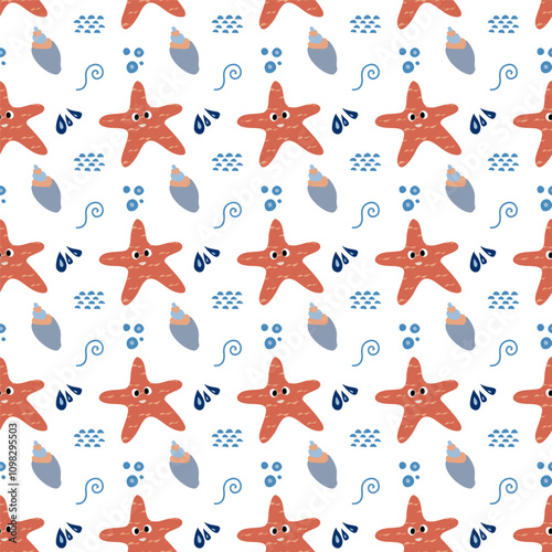 Colorful pattern featuring cheerful starfish and aquatic elements in a playful design