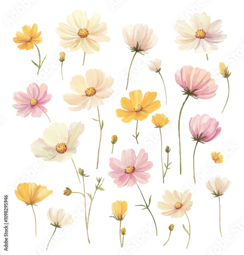 Hand-Painted Watercolor Wildflowers in Pastel Colors with Yellow, Pink, and Cream Blooms on White Background