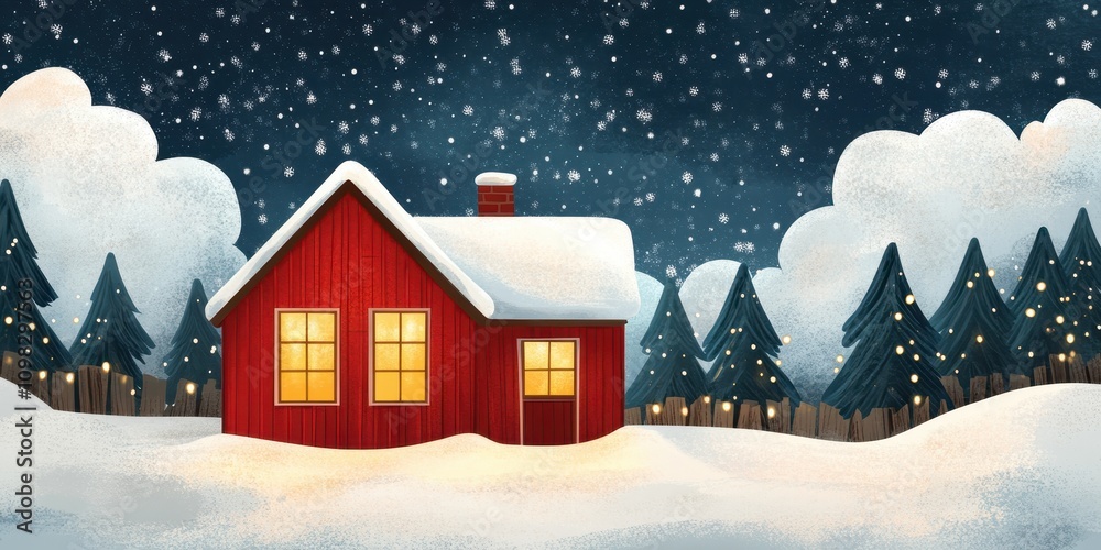 Fototapeta premium A cozy red house surrounded by snow and pine trees, illuminated warmly under a starry night sky.