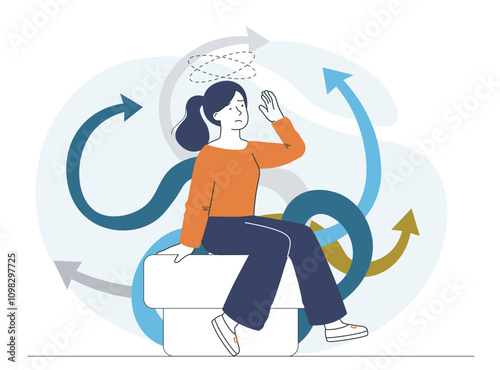 Woman with decision fatigue. Young girl makes choice and makes decision. Logical thinking and choosing career path. Depression and frustration. Linear vector illustration
