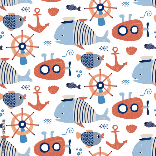 Whimsical underwater pattern featuring fish, whales, anchors, and steering wheels in playful colors