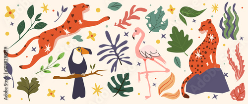 Jungle animals like leopards, a toucan, and a flamingo among tropical plants and leaves. Stickers related to wildlife, nature, and exotic themes. Set of vector illustrations