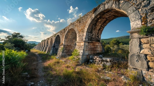 Stunning Sunset Over an Ancient Aqueduct Surrounded by Nature