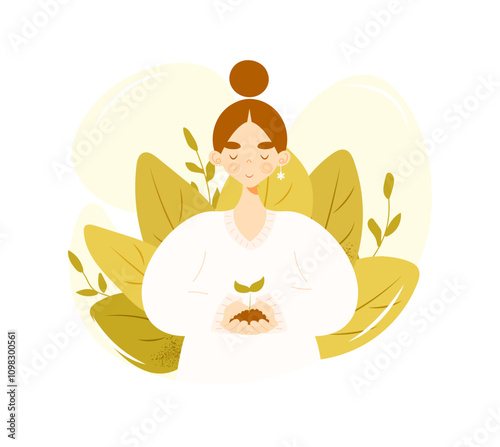 Young girl holding a sprout in her hands. Vector illustration isolated on white background. Hand drawn flat cartoon style. Environmental care and eco-friendly concept