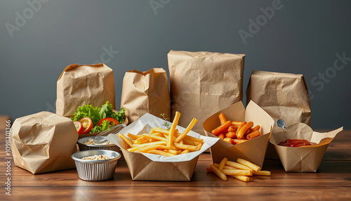 Different paper packages and containers for takeaway food on table. Takeout meal, deivery to home, food delivery, online shopping concept isolated highlighted by white, png photo