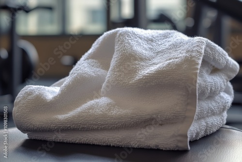 Blank white gym towel on equipment with microfiber texture visible, captured using wide-angle lens on gym lighting, with copy space photo