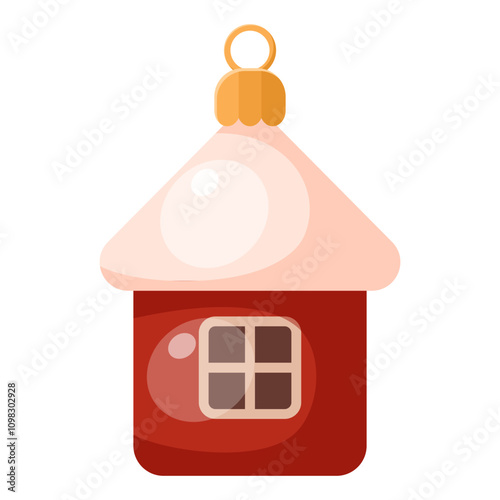 Christmas tree decoration in shape of house. Old-fashioned vintage seasonal glass toy suspended on laces for Xmas fir plant to traditional winter holidays. Cartoon vector illustration.