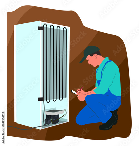 Refrigerator repair service. Expert technician checking broken refrigerator equipment in the kitchen. Refrigeration worker. Flat illustration isolated on white background