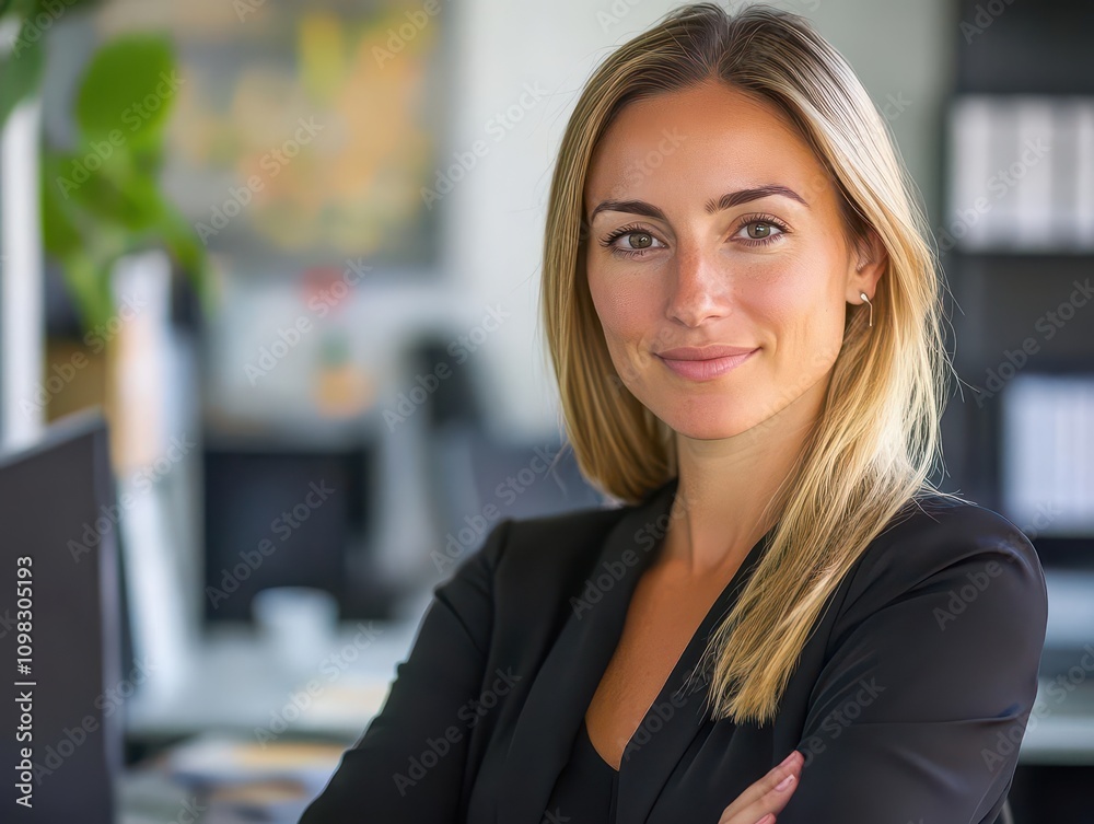 Naklejka premium professional portrait of a businesswoman in a modern office setting, exuding confidence and competence, with corporate decor in the background enhancing the professional vibe