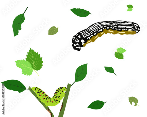illustration of a caterpillar eating a leaf, celebrating spring. Its cheerful expression and animated pose evoke curiosity and wonder, perfect for cartoon-style illustrations or stories.