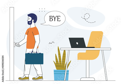 End of working day. Man with briefcase in his hand leaves office. Freedom from work. Rest after professional occupation. Linear vector illustration