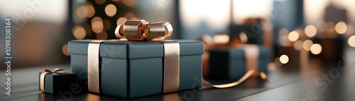 A vibrant holiday gift exchange with presents wrapped in lush green paper and adorned with gold trim photo