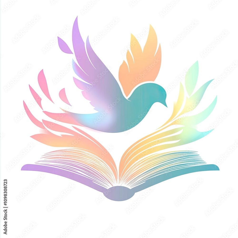 Fototapeta premium a pastel colored logo with a white dove instead of the dove's wings we find an open book the book allows it to fly this logo must reflect education and excellence generative ai
