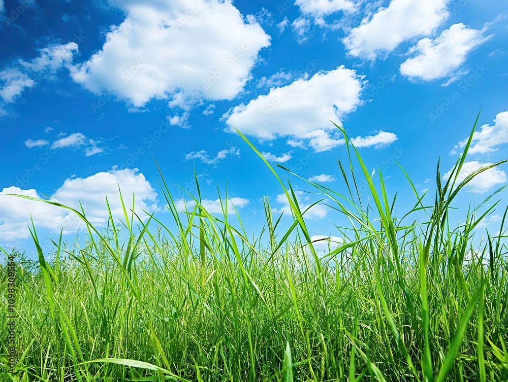 Fototapeta premium tall grass sways gently in a sunlit meadow, with soft white clouds above and a bright blue sky, creating a serene and peaceful ambiance