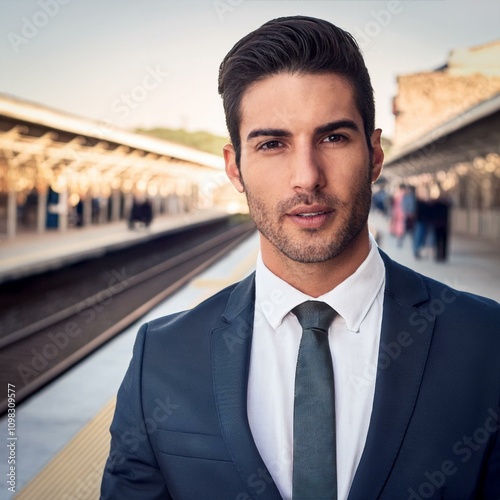 handsome man wearing a formal suit, working at the railway stati