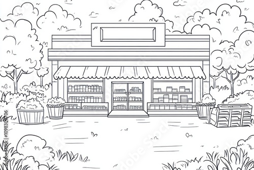 A coloring book page with an outline of outside big supermarket. White background, simple soft lines