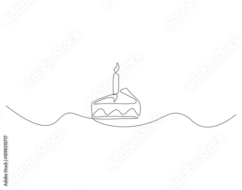 Slice of Cake Continuous Line. Continuous one line drawing pastry cutlet dish with cherry. Dessert concept. Single line draw vector