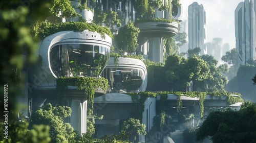 A futuristic city with sustainable architecture, green facades, and eco-innovations blending seamlessly with the natural environment, hyper-realistic photo