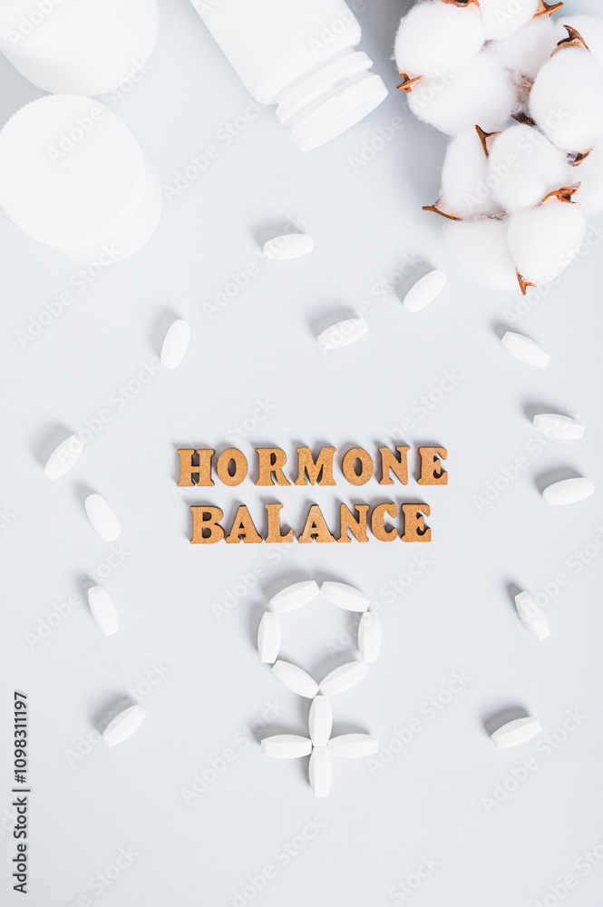 Food supplements for restoring hormonal balance on a blue background top and vertical view
