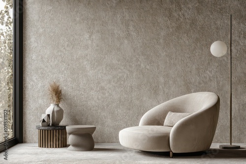 Create a single, cohesive professional product image with a strong focus on a modern, minimalist living space.