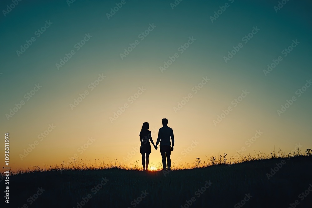 Fototapeta premium Couple silhouetted and holding hands in a romantic place, vacation or honeymoon in the summer at sunset on vacation on a date. Woman, man and relationships in love or together, memory and travel 