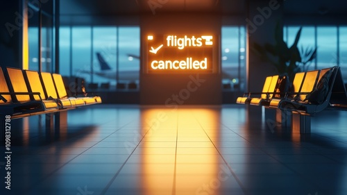 Travel restrictions concept. An empty departure lounge with glowing flight cancellation signs. photo