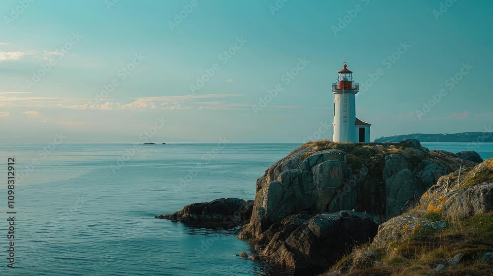 Fototapeta premium Serene Lighthouse Overlooking Calm Waters at Dusk