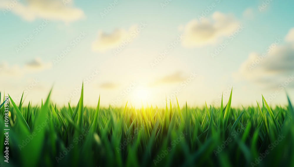 Fototapeta premium Sunrise over green grass creating peaceful atmosphere for mindfulness and relaxation.