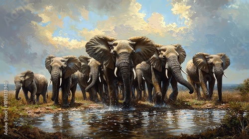 Majestic elephant herd at watering hole photo