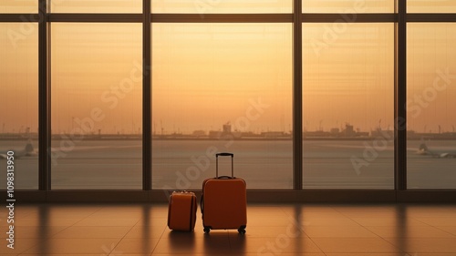 Travel restrictions concept. A suitcase belonging to passengers is positioned in front of a closed airport.