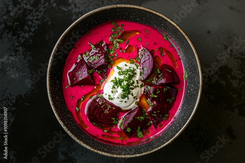 Close-Up of a Bowl of Vibrant Beetroot Soup with Sour Cream, Featuring Rich, Bold Hues and Smooth Texture. Ideal for Food Blogs, Recipe Books, or Health Campaigns. photo