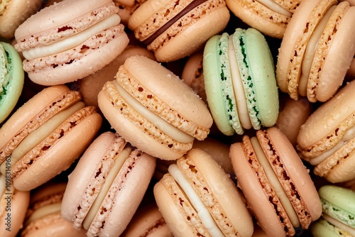 Assorted French Macarons in a Close-Up, Featuring Colorful and Textured Pastries with a Variety of Flavors. Ideal for Bakery Marketing, Elegant Desserts, or Culinary Branding.