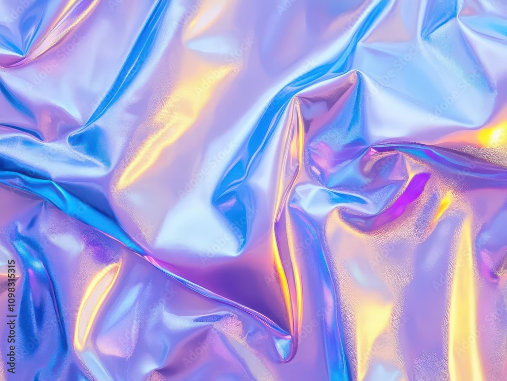 Fototapeta premium trendy abstract background featuring holographic blue foil with a wavy texture in soft pastel tones of violet, blue, and yellow, creating a vibrant and dynamic visual effect